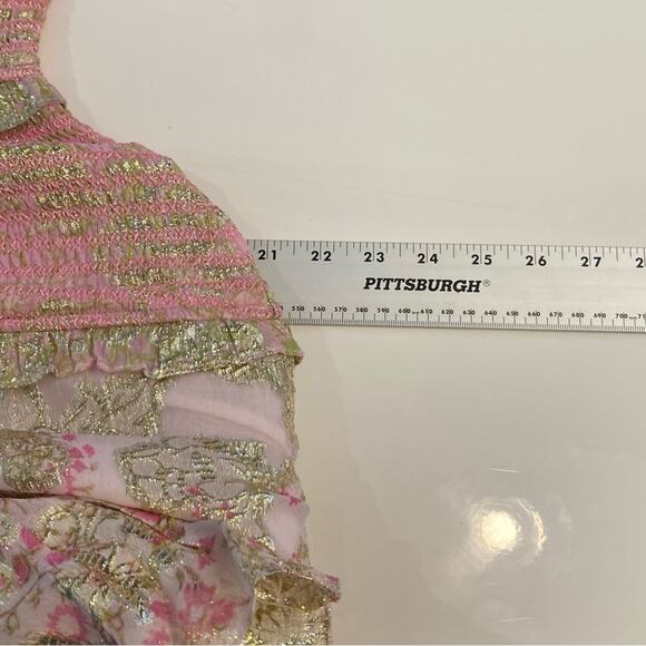 nwot HEMANT NANDITA Dress S Pink Floral Lyrics Tiered Smocked Puff-½-Sleeve Mini - Picture 12 of 16